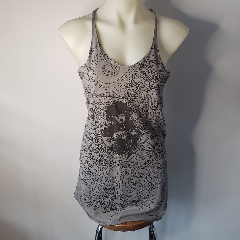Gray Cotton Raw Edge PEEL Tank Top w Sheep and Guitar Player screen print Design